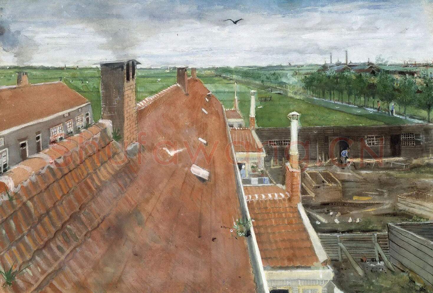 梵高水彩画风景作品《窗外的风景》