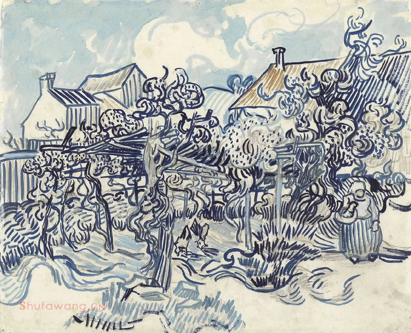 梵高水彩画作品《农家葡萄园》