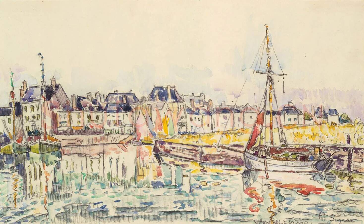 保罗·西涅克水彩画风景《港口的帆船与房屋建筑群》