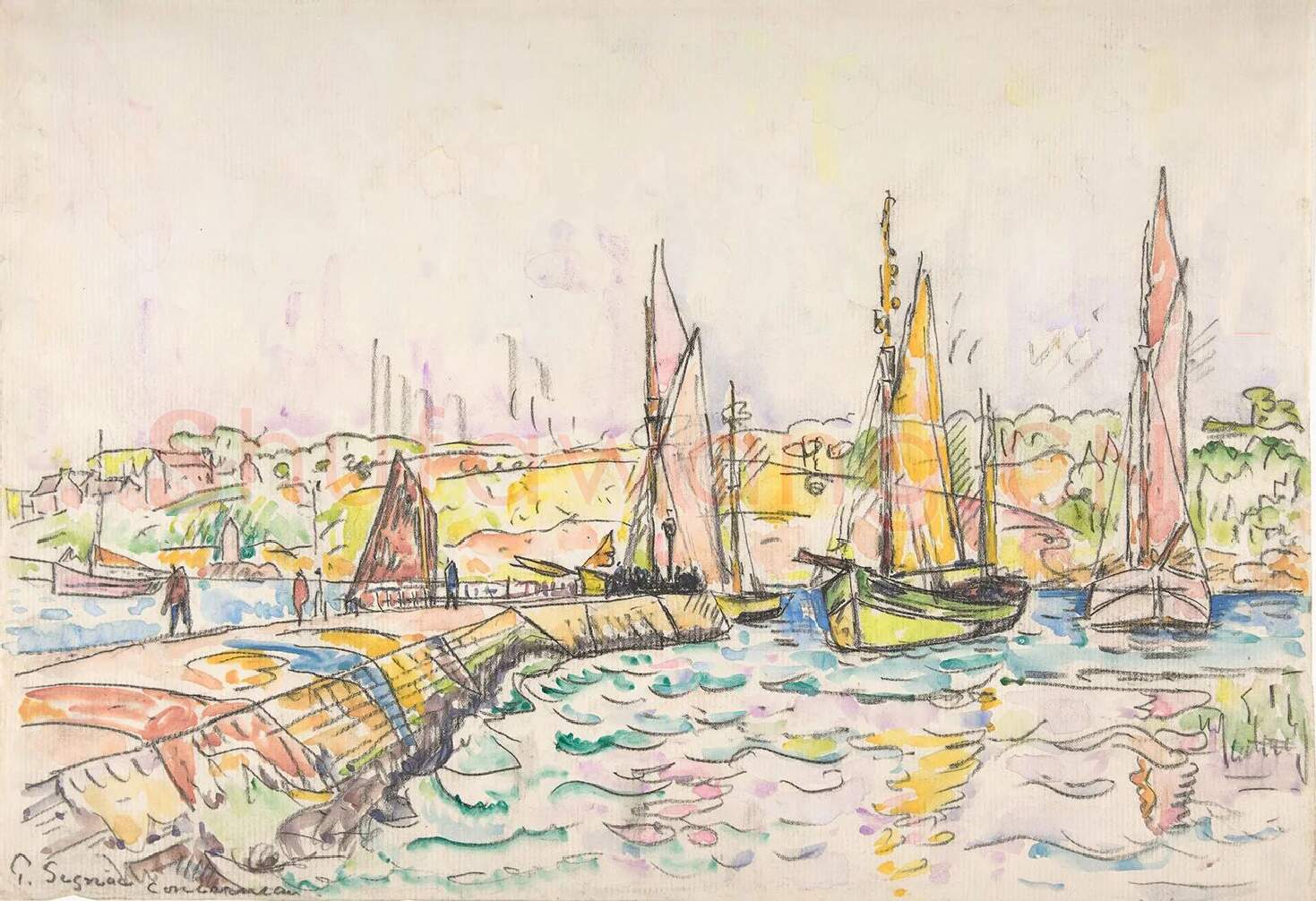 西涅克水彩画风景速写《孔卡尔诺港口停泊的帆船》