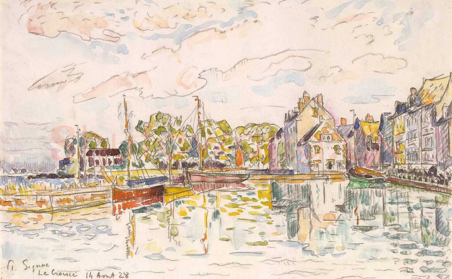 保罗·西涅克水彩速写风景《房屋与帆船》