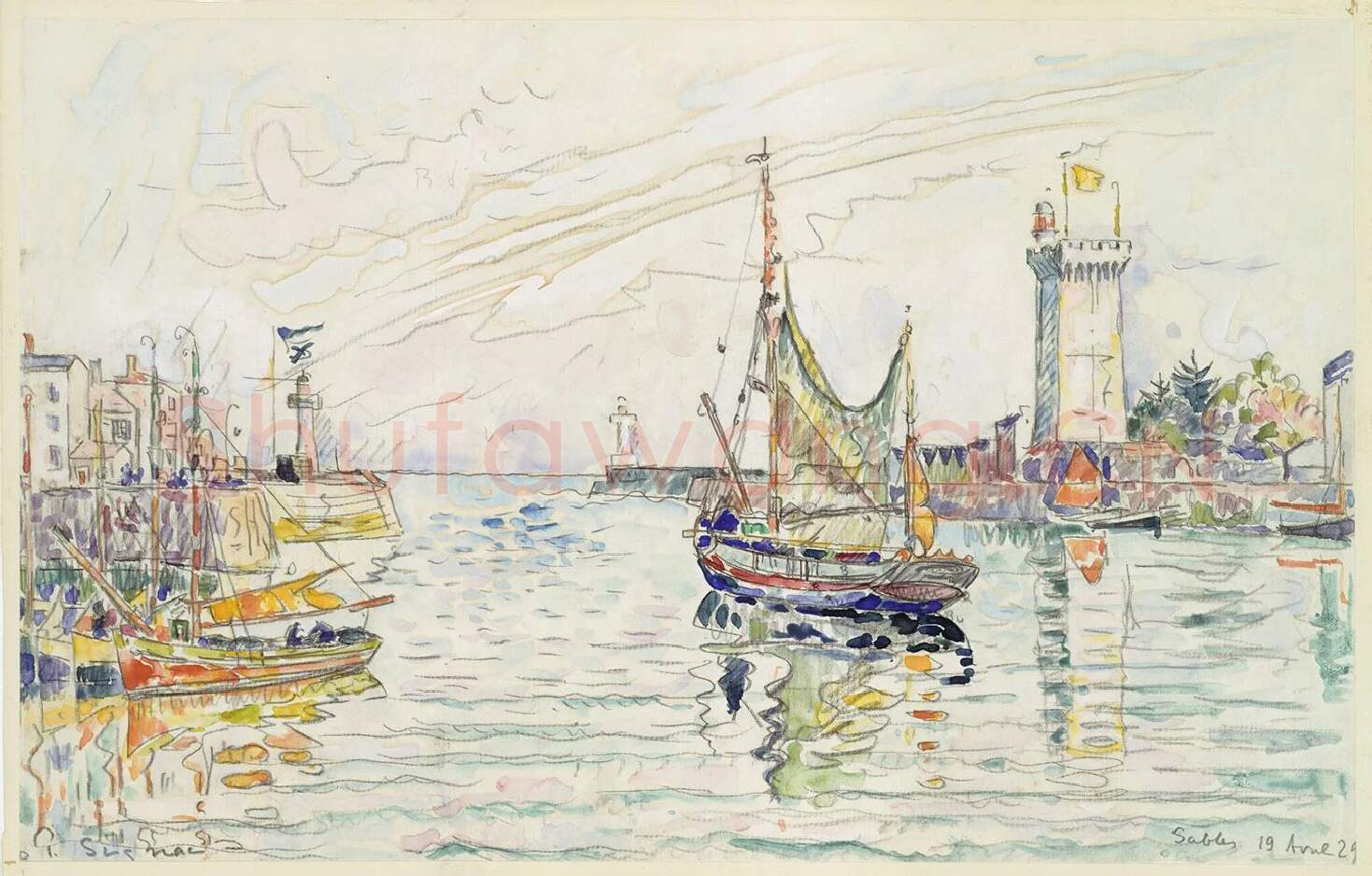 西涅克水彩风景速写《海湾的帆船与灯塔》