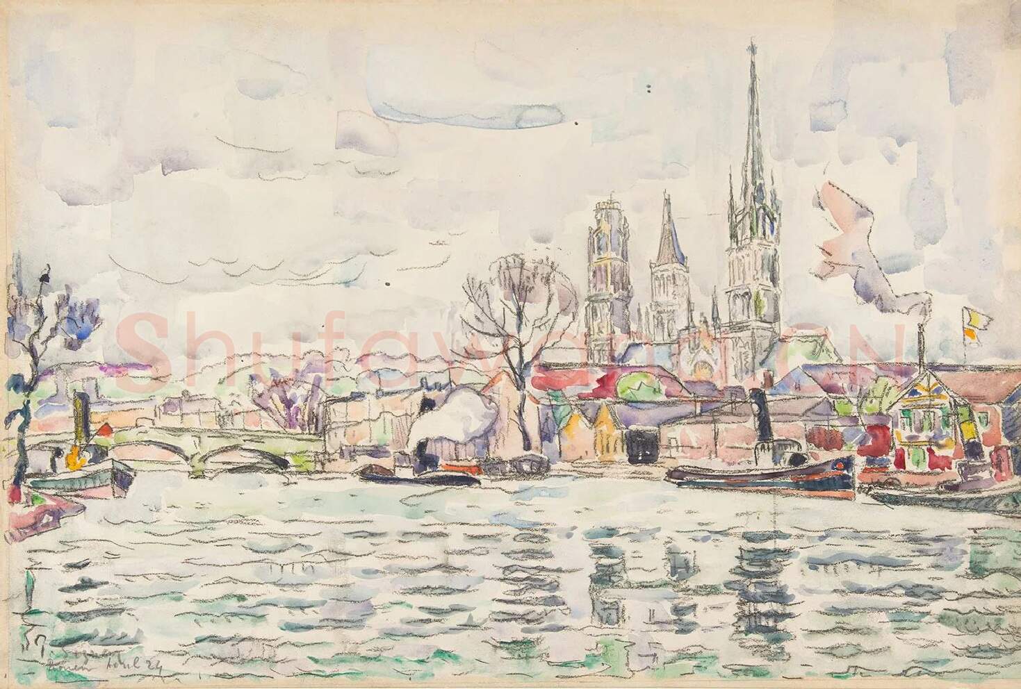 西涅克水彩速写《鲁昂河景》