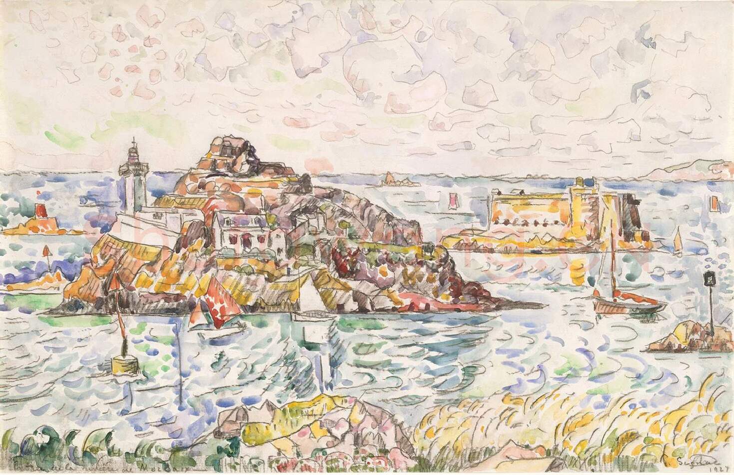 保罗·西涅克水彩画《莫莱克斯河的入口》风景