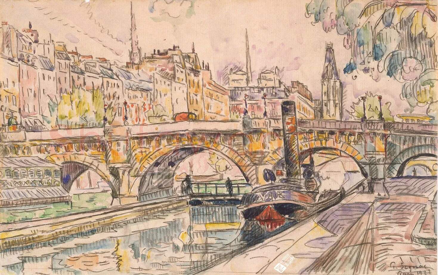 西涅克水彩画风景《巴黎新桥的拖船》