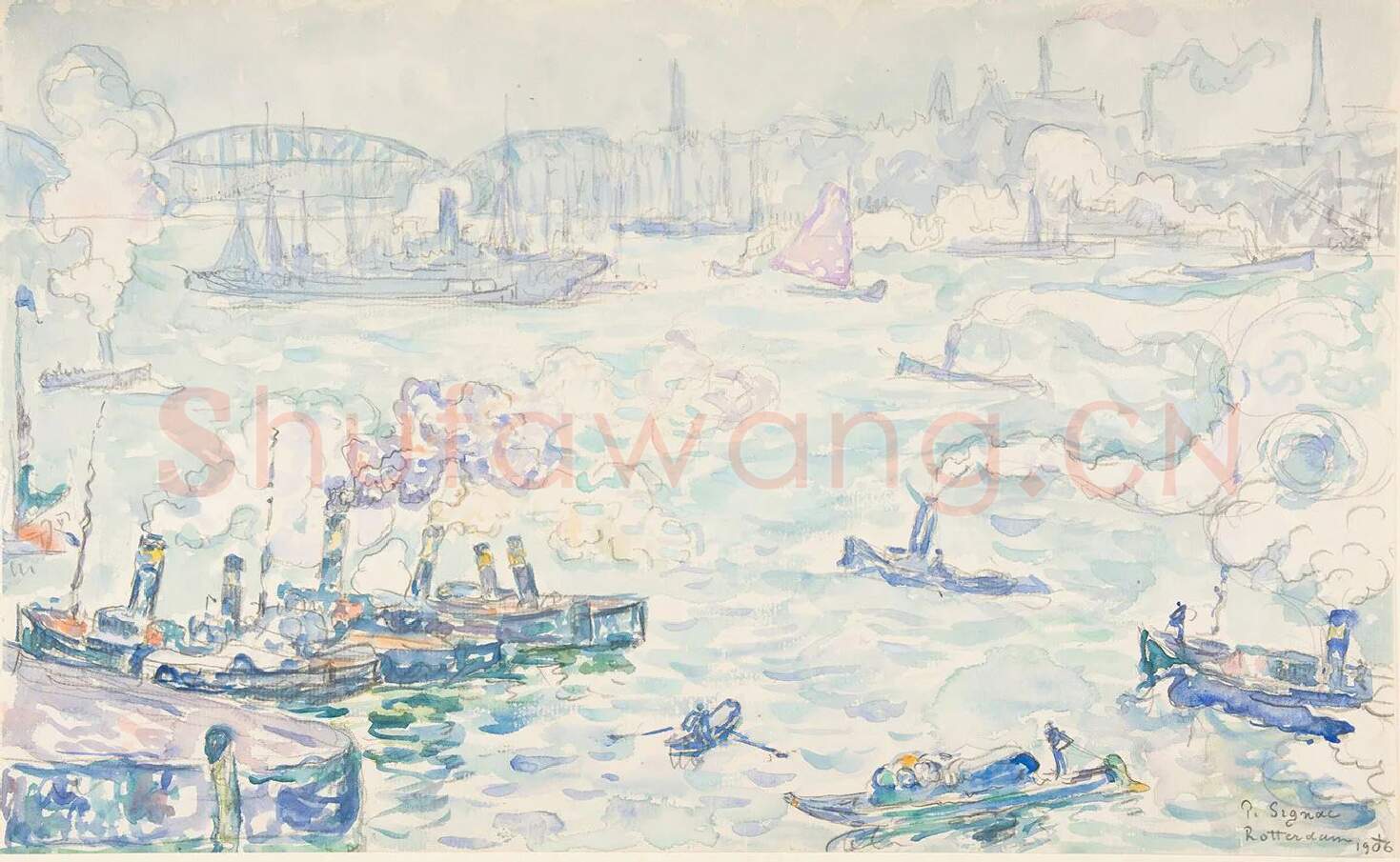 西涅克水彩风景速写《鹿特丹海港的船只》