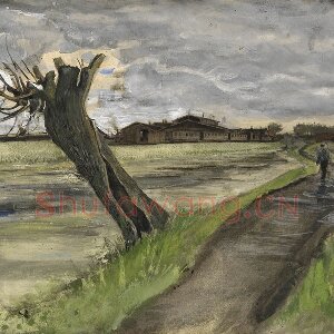 梵高水彩画《乡村的道路与柳树桩》