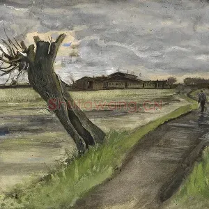 梵高水彩画《乡村的道路与柳树桩》