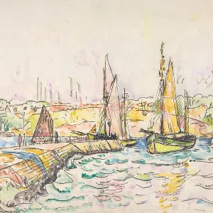 西涅克水彩画风景速写《孔卡尔诺港口停泊的帆船》