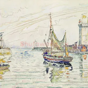 西涅克水彩风景速写《海湾的帆船与灯塔》