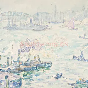 西涅克水彩风景速写《鹿特丹海港的船只》