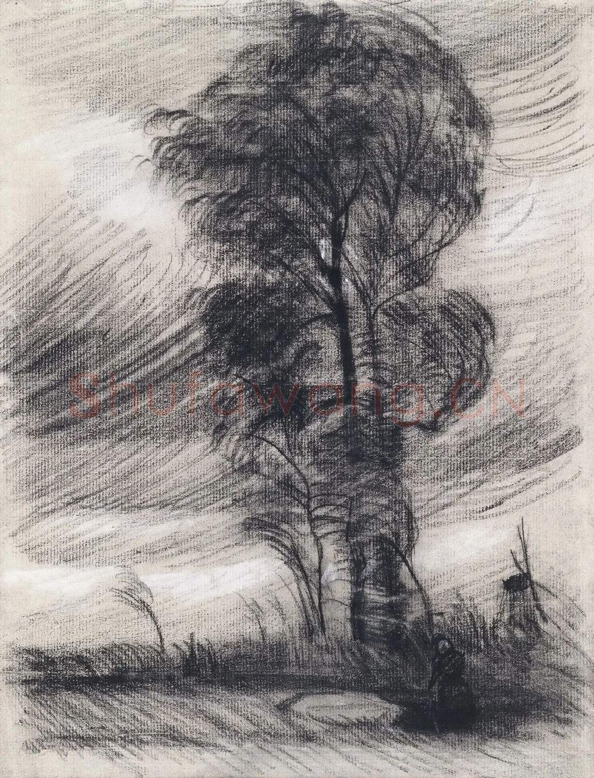 梵高素描风景《狂风中的大树》高清大图