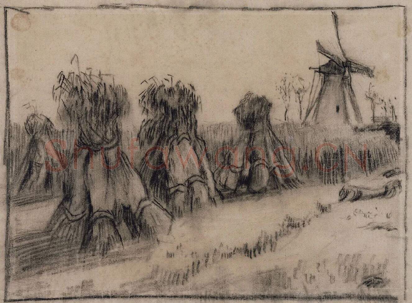 梵高素描风景作品《带有草捆和风车磨坊的麦田》