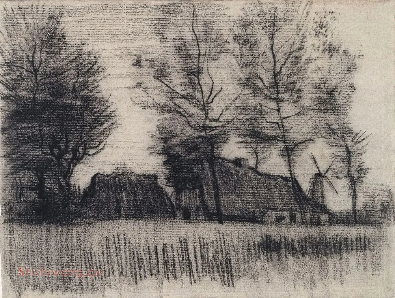 梵高素描风景作品《带有农舍和磨坊的风景》