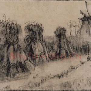 梵高素描风景作品《带有草捆和风车磨坊的麦田》